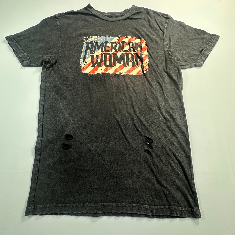 Southern Bliss American Woman Graphic Tee Gray Mineral Wash Distressed Medium